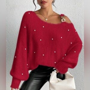 Pearl Oblique shoulder sweater red knit oversized drop one Asymmetrical S 6 8 M